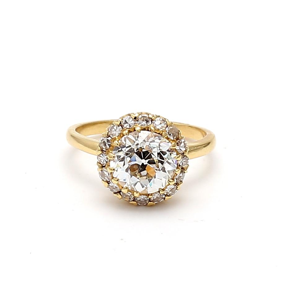 18K Yellow Gold Halo Ring with 2.16 Carat Old European Cut GIA Diamonds Size 5.5