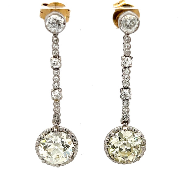 5.31 Carat Old European Cut S-I VS2-SI2 Diamond Two Tone Gold Dangling Earrings