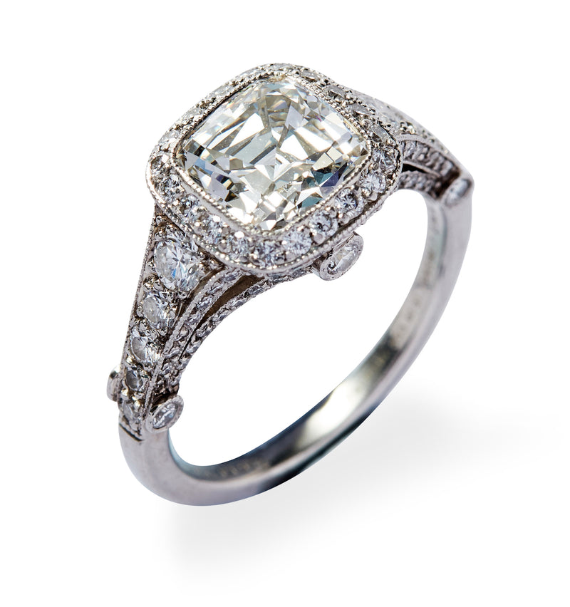 Tiffany & Co 3.54 Carat Cushion Brilliant and Round Diamond Platinum Halo Ring