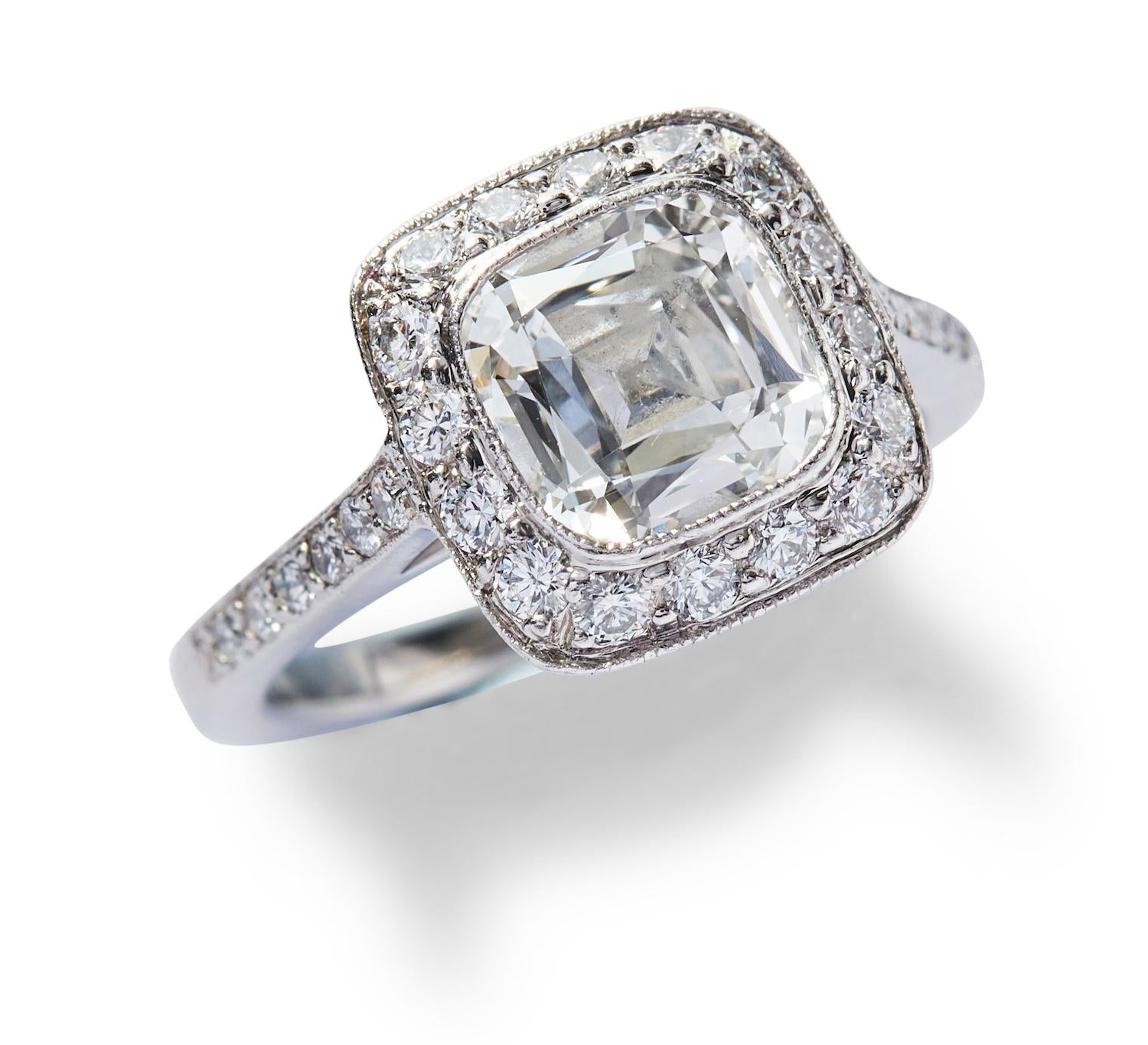 Tiffany & Co Platinum Halo Ring with 2.65 Carat Cushion & Round Diamonds Size 4