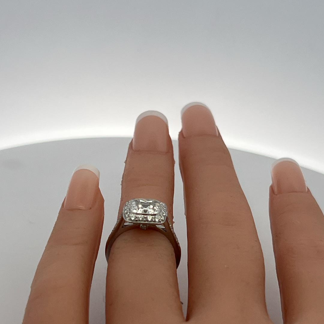 Tiffany & Co Platinum Halo Ring with 2.65 Carat Cushion & Round Diamonds Size 4