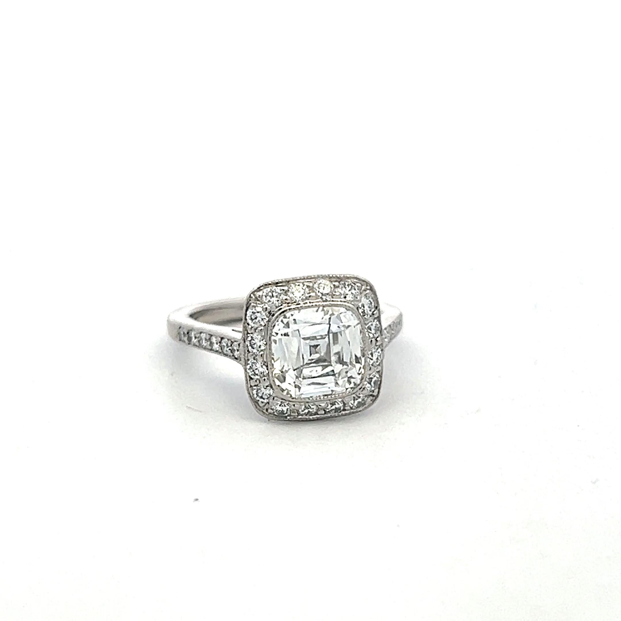 Tiffany & Co Platinum Halo Ring with 2.65 Carat Cushion & Round Diamonds Size 4