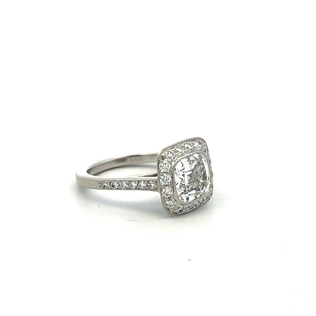 Tiffany & Co Platinum Halo Ring with 2.65 Carat Cushion & Round Diamonds Size 4