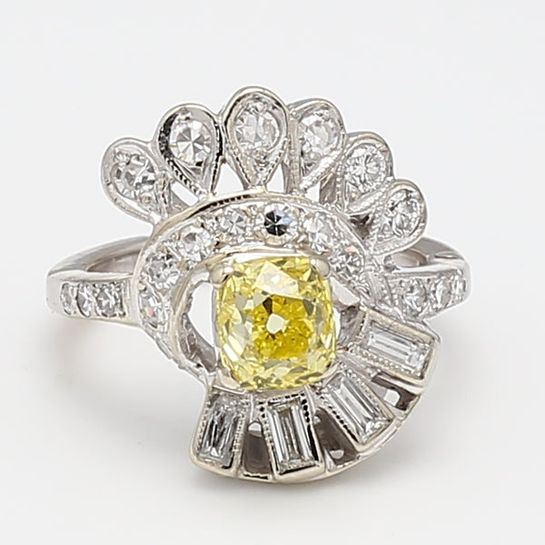 1.92 Carat Fancy Vivid Yellow Cushion Round and Emerald Diamond Platinum Cocktail Ring