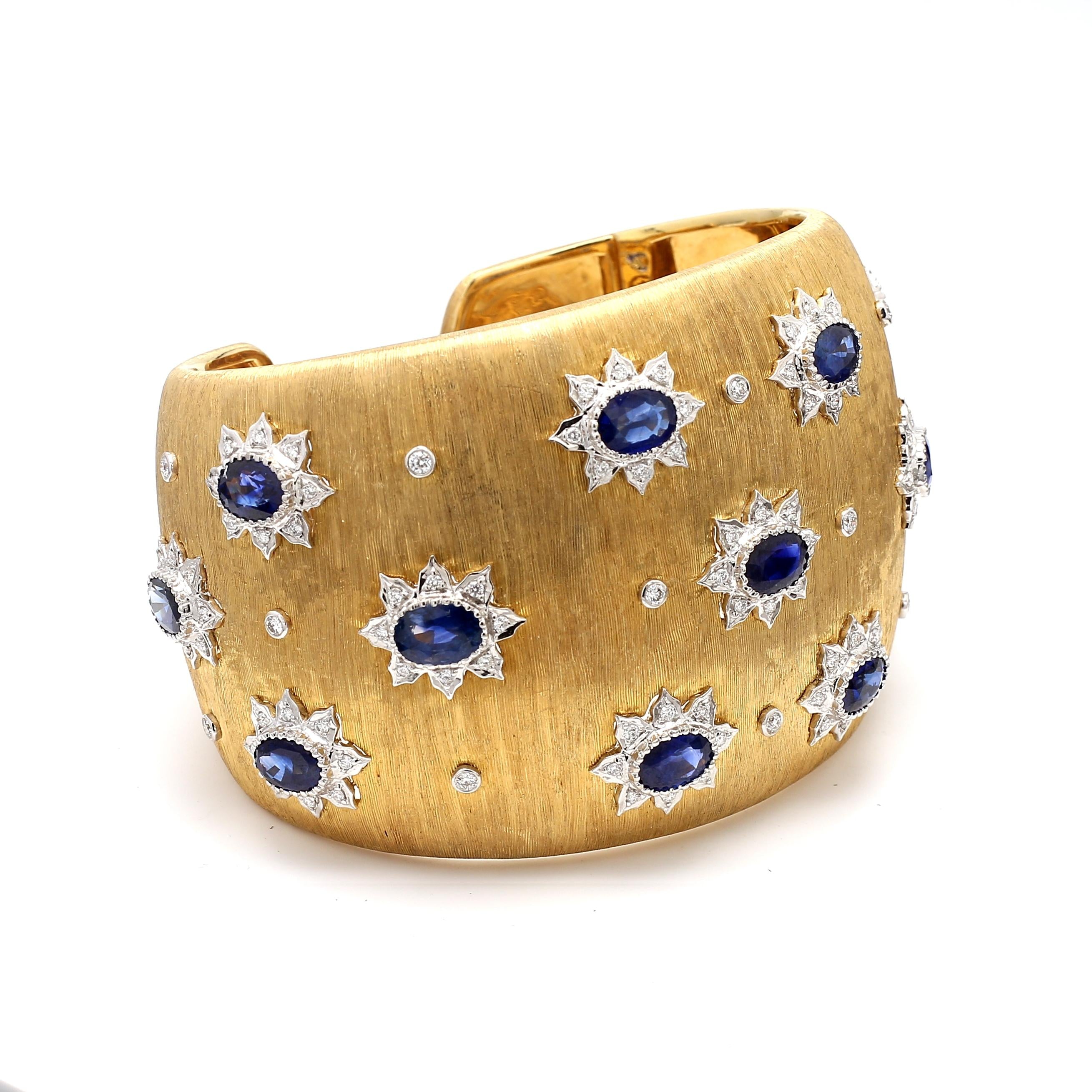 18K YG Cuff Bracelet with 1.2 Carat Round Diamonds and 14.25 Carat Sapphire