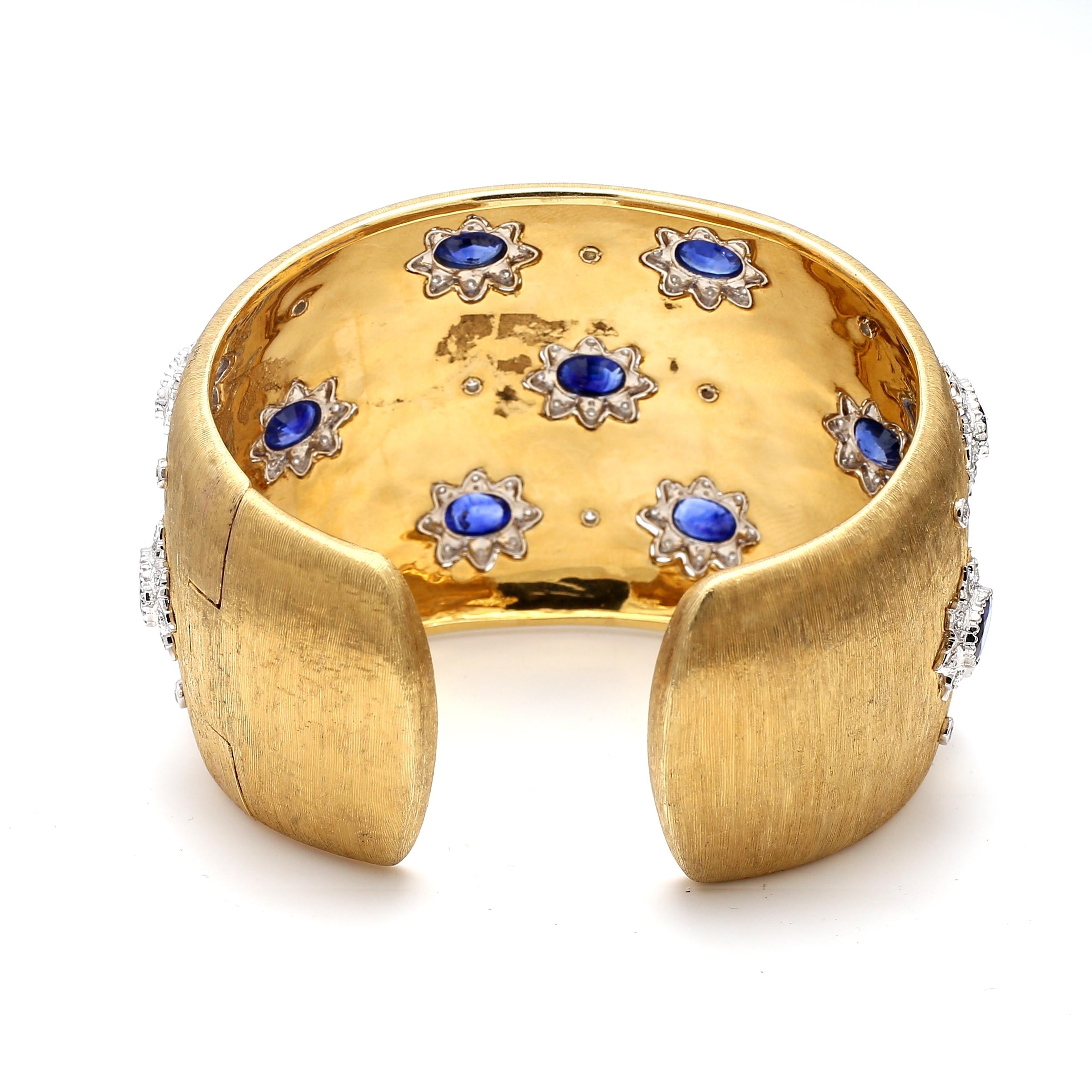 18K YG Cuff Bracelet with 1.2 Carat Round Diamonds and 14.25 Carat Sapphire