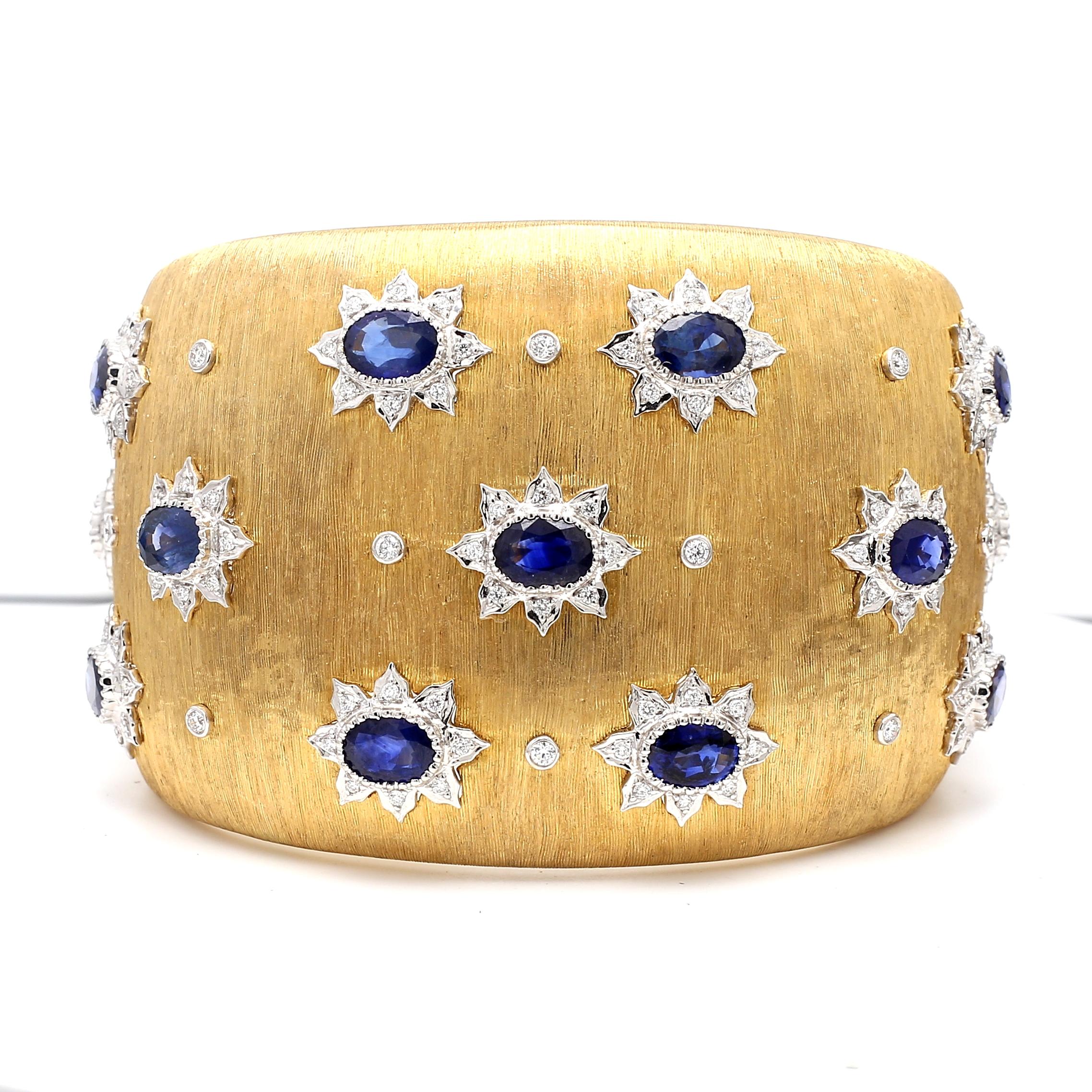 18K YG Cuff Bracelet with 1.2 Carat Round Diamonds and 14.25 Carat Sapphire