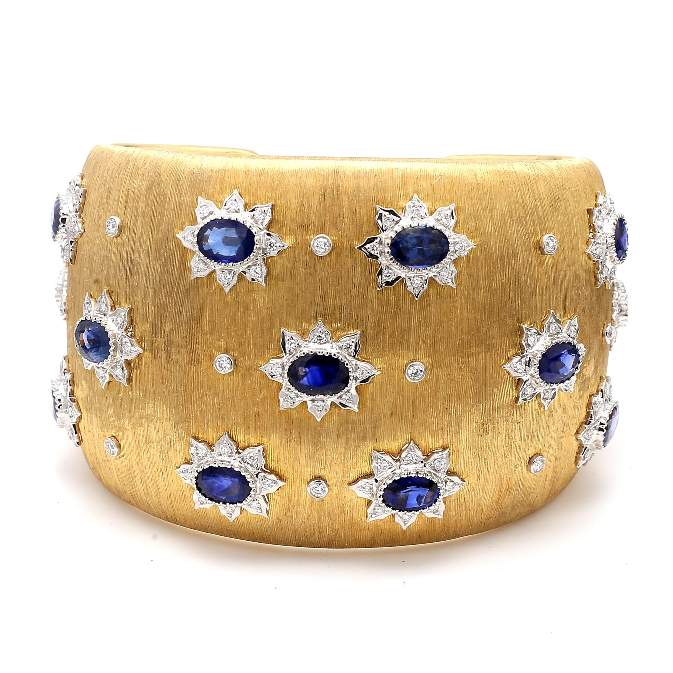 18K YG Cuff Bracelet with 1.2 Carat Round Diamonds and 14.25 Carat Sapphire