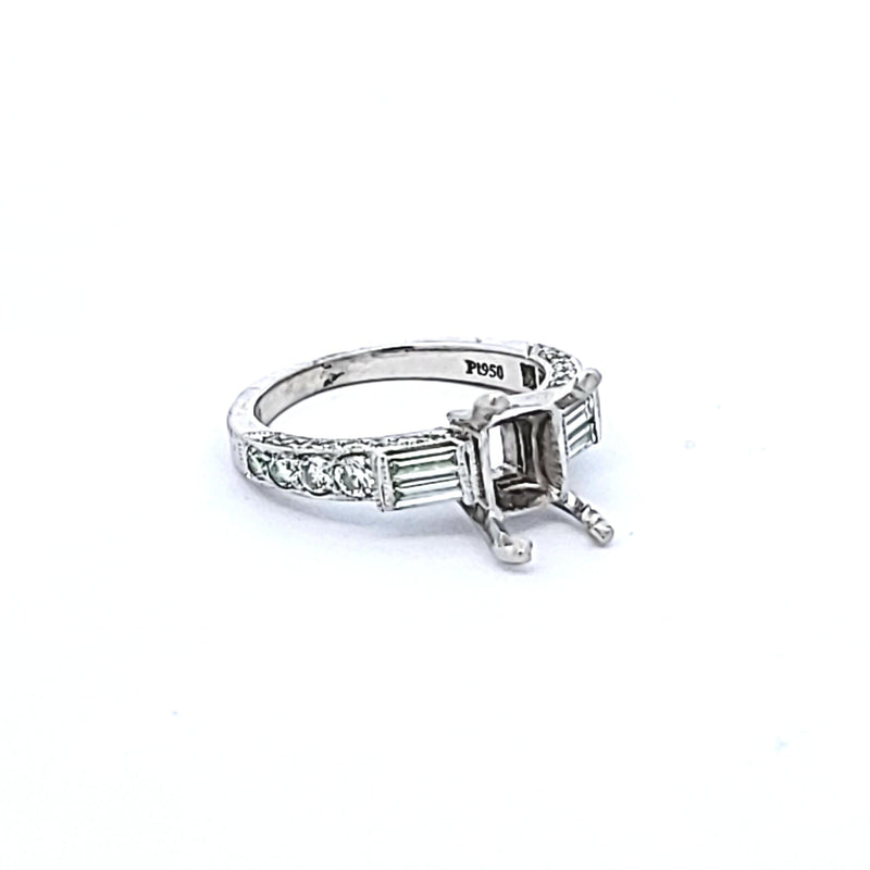 0.95 Carat Baguette and Round Brilliant Diamond Platinum Semi Mount Ring