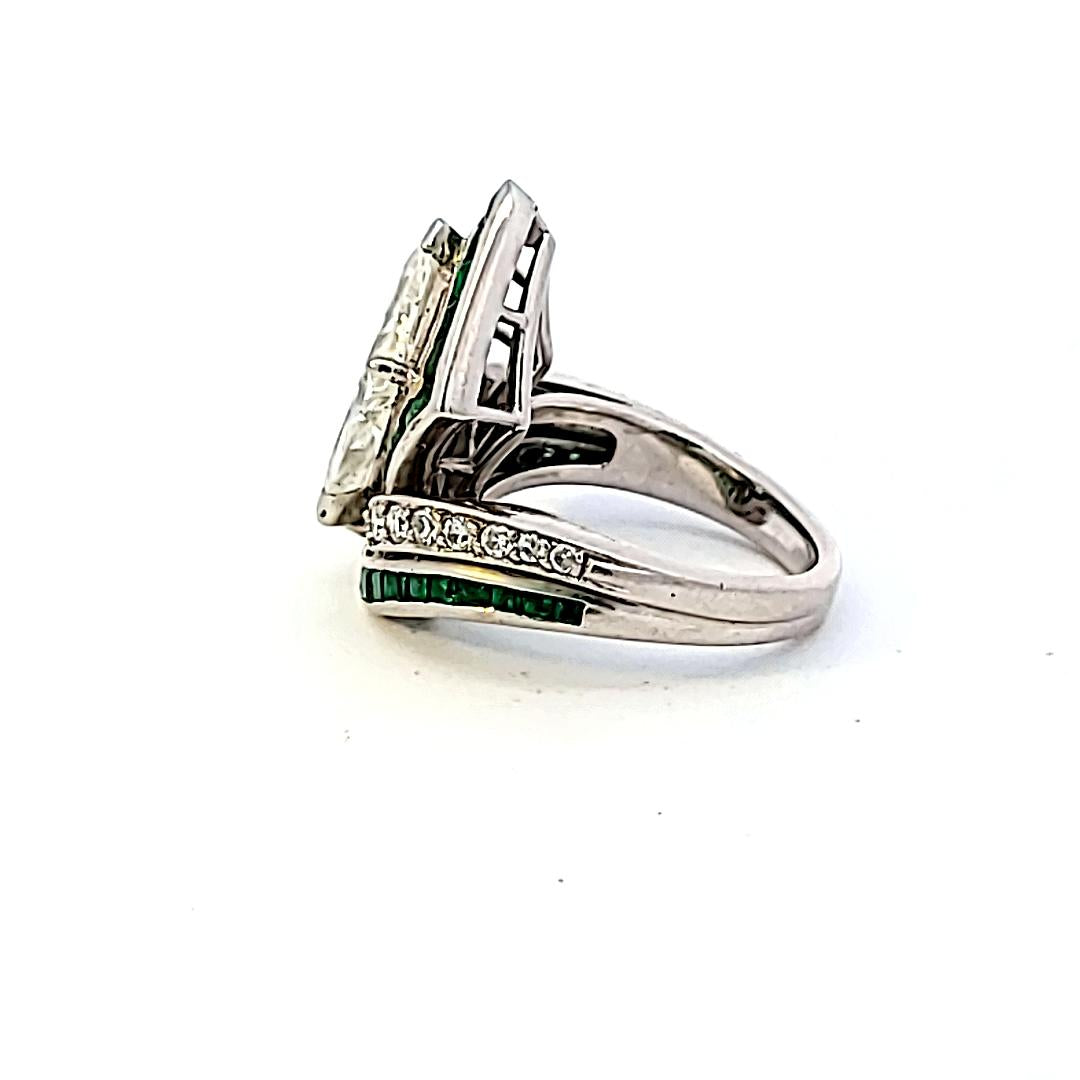 2.50ct Kite Diamond & Emerald Platinum Art Deco Ring with Round Brilliant Accent