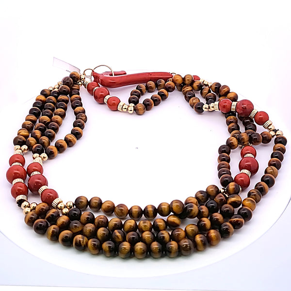 Vintage 162.20 Grams Tiger Eye And Coral 18 Karat Gold Gems Stone Necklace