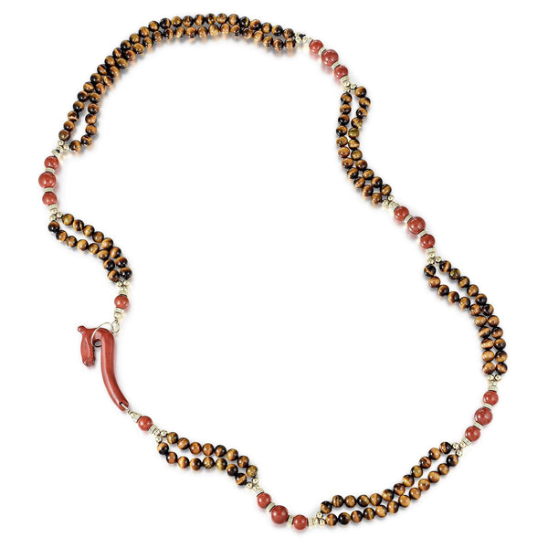 Vintage 162.20 Grams Tiger Eye And Coral 18 Karat Gold Gems Stone Necklace