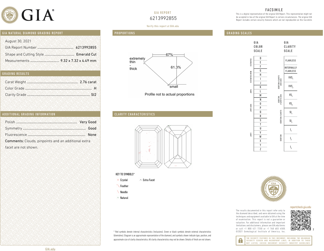 GIA Certified 2.76 Ct Emerald Cut Diamond Loose H-SI2 Natural