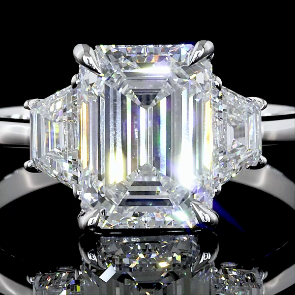 Lab-Grown 6.23 Carat Emerald E-VS1 Diamond 14K White Gold 3 Stones Ring
