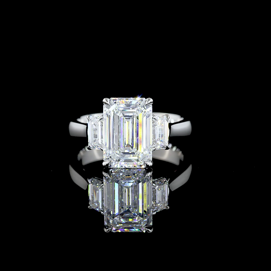 Lab-Grown 3.85 Carat Emerald E-F-VS2 Diamond Platinum Three Stones Ring