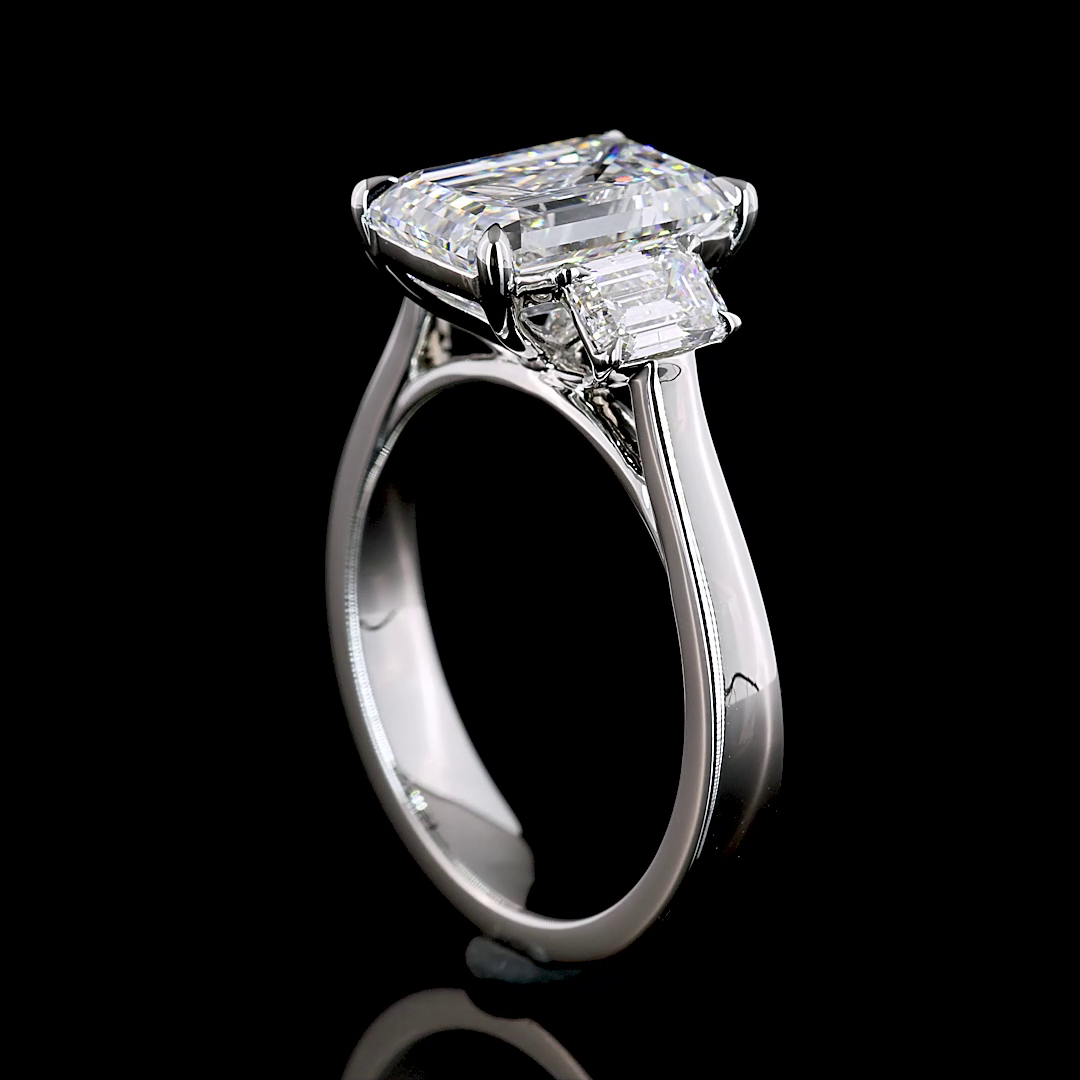 Lab-Grown 3.85 Carat Emerald E-F-VS2 Diamond Platinum Three Stones Ring
