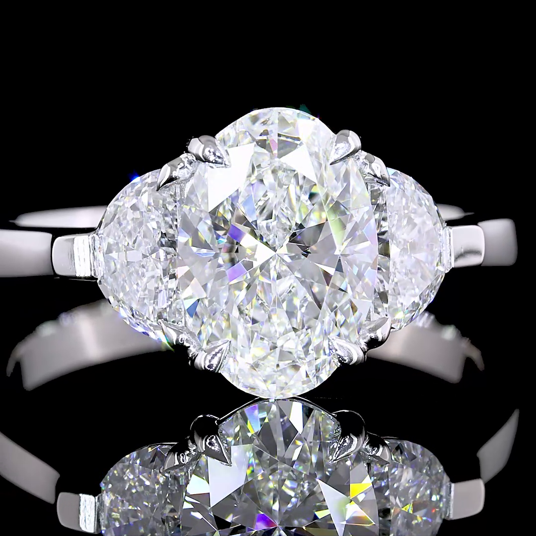 Lab-Grown 2.31 Carat Oval E-F-VVS2 Diamond Platinum Three Stones Ring