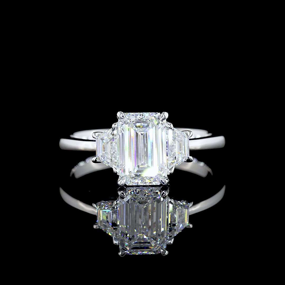 Lab-Grown 1.95 Carat Emerald F-VS1 Diamond 14K White Gold 3 Stones Ring