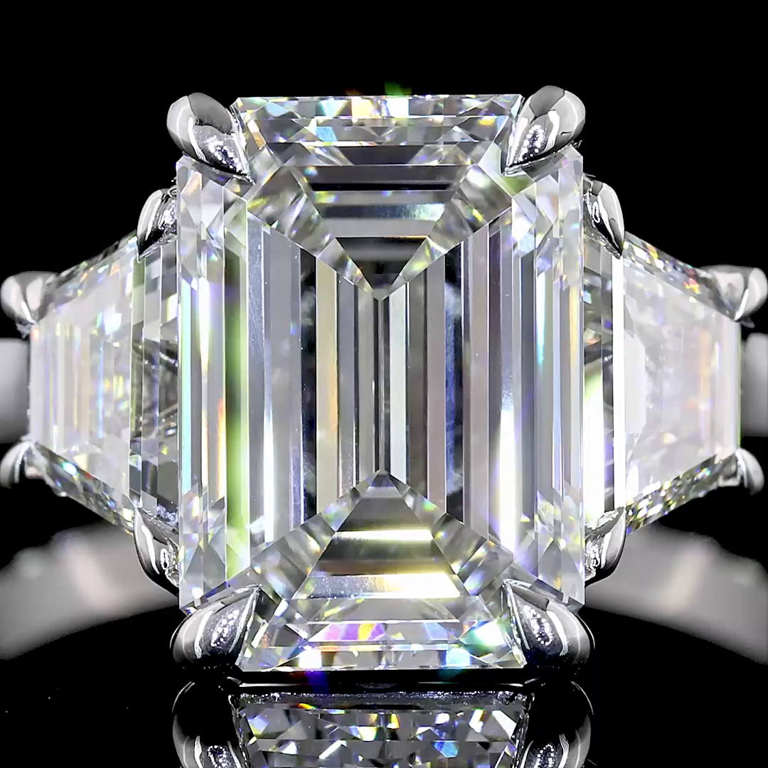 Lab-Grown 4.25 Carat Emerald H-VS1 Diamond Platinum 3 Stones Ring