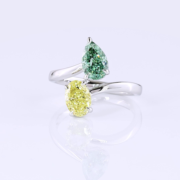 Lab-Grown 2.26 Carat MIX Fancy Vivid Green-VS1 Diamond 14K White Gold Toi Et Moi