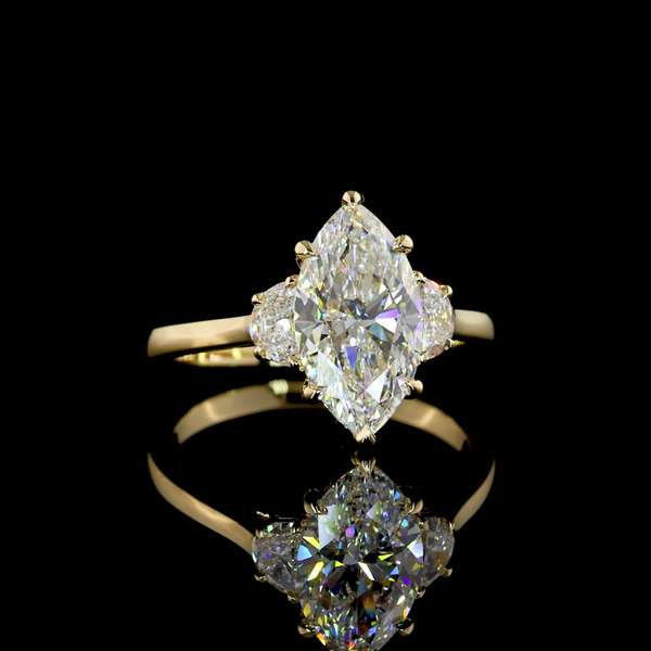 Lab-Grown 2.34 Carat Marquise E-VVS2 Diamond 14K Yellow Gold 3 Stones Ring