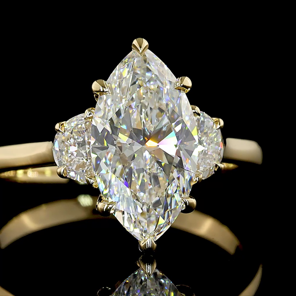 Lab-Grown 2.34 Carat Marquise E-VVS2 Diamond 14K Yellow Gold 3 Stones Ring