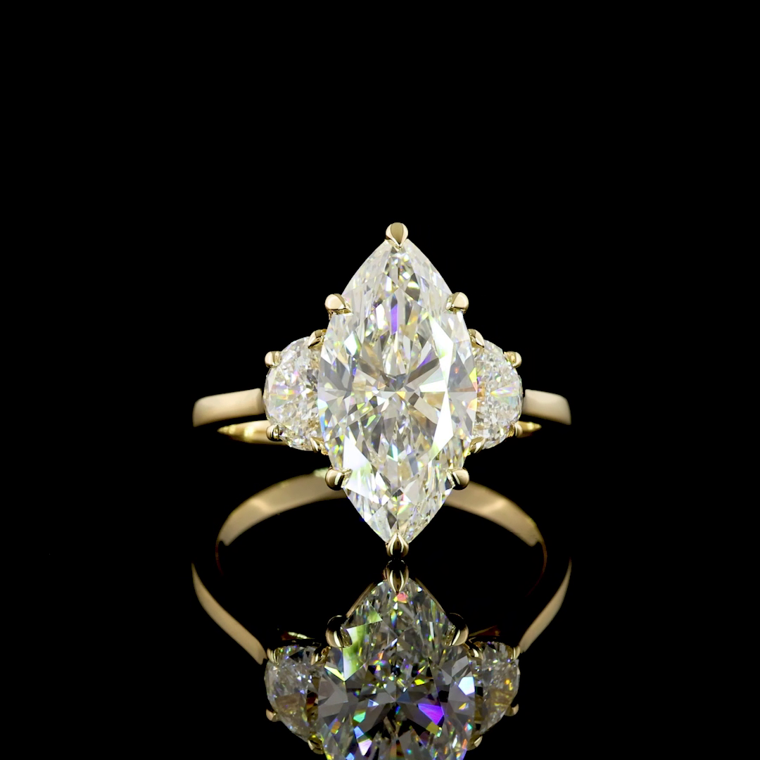Lab-Grown 3.75 Carat Marquise E-VVS2 Diamond 14K Yellow Gold 3 Stones Ring