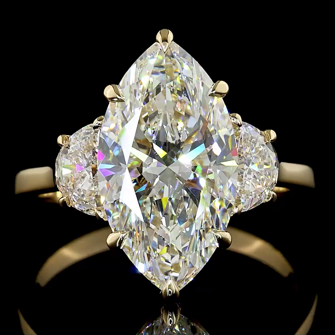 Lab-Grown 3.55 Carat Marquise E-VVS2 Diamond 14K Yellow Gold 3 Stones Ring