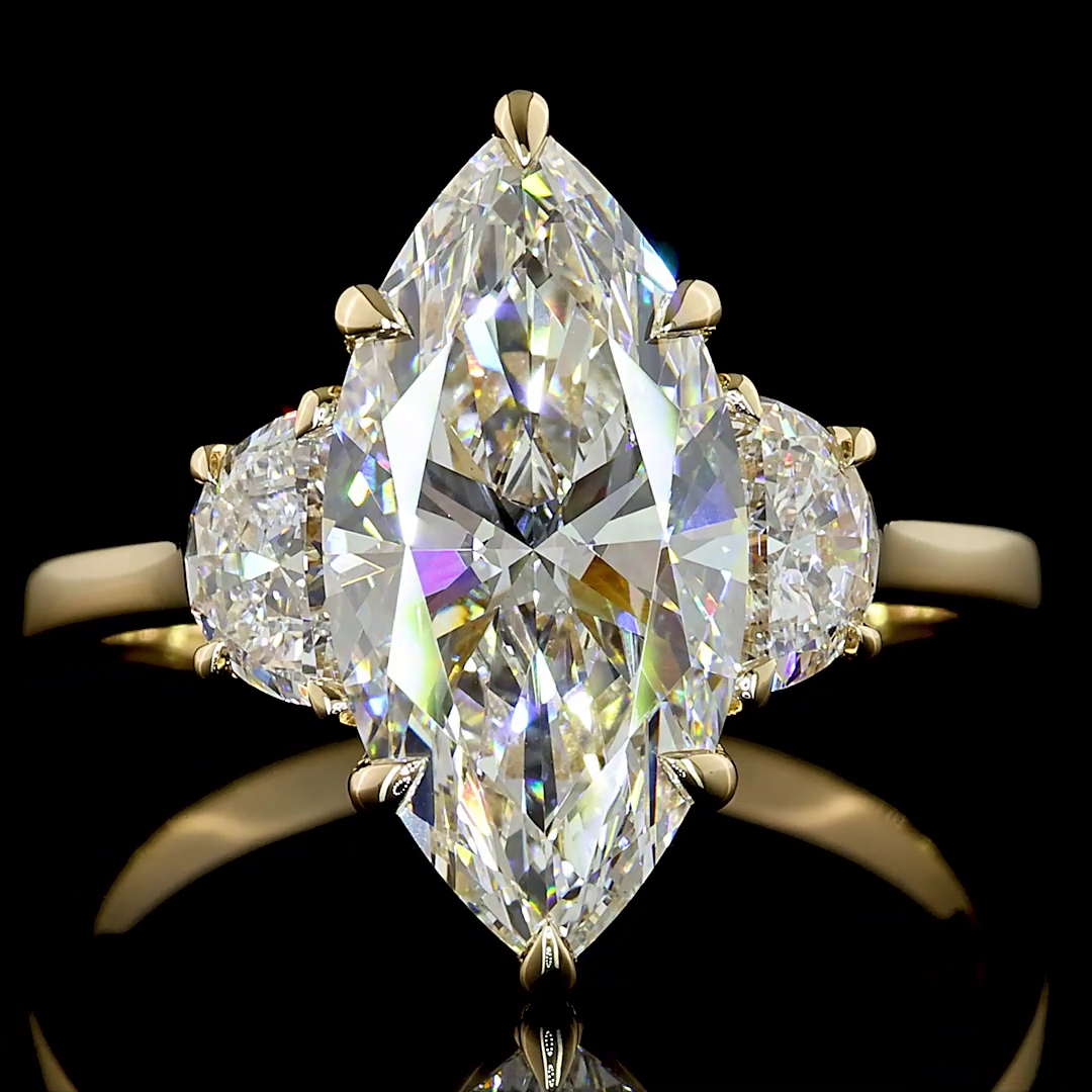 Lab-Grown 4.7 Carat Marquise Modified - Diamond 14K Yellow Gold 3 Stones Ring