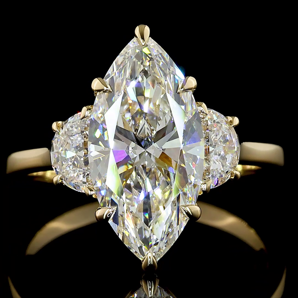 Lab-Grown 4.7 Carat Marquise Modified - Diamond 14K Yellow Gold 3 Stones Ring