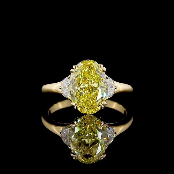 Lab-Grown 3.32 Carat Oval Fancy Intense Yellow-VVS2 Diamond 14K Yellow Gold 3 St