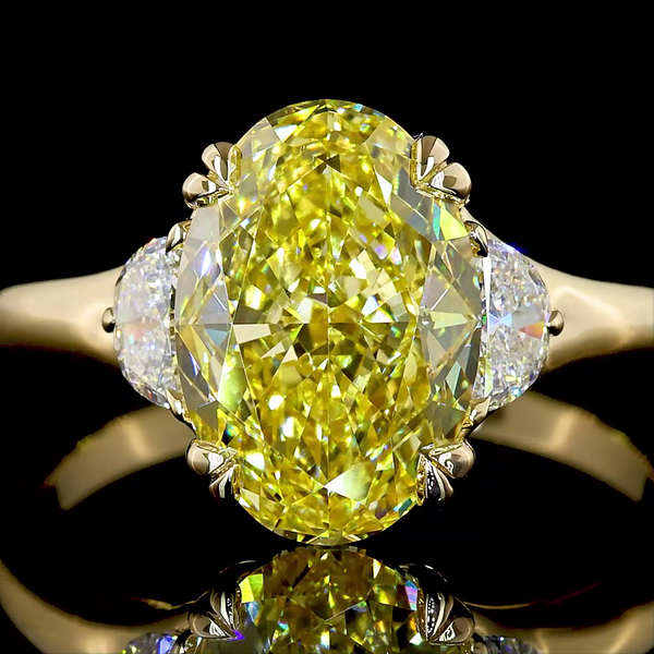 Lab-Grown 3.32 Carat Oval Fancy Intense Yellow-VVS2 Diamond 14K Yellow Gold 3 St