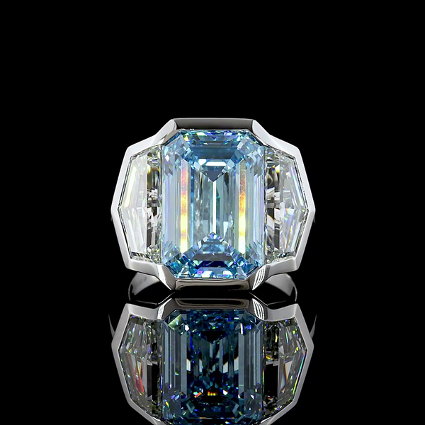 Lab-Grown 12.79 Carat Emerald Fancy Vivid Blue-VS1 Diamond 14K White Gold 3 Ston