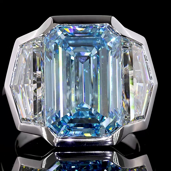 Lab-Grown 12.79 Carat Emerald Fancy Vivid Blue-VS1 Diamond 14K White Gold 3 Ston