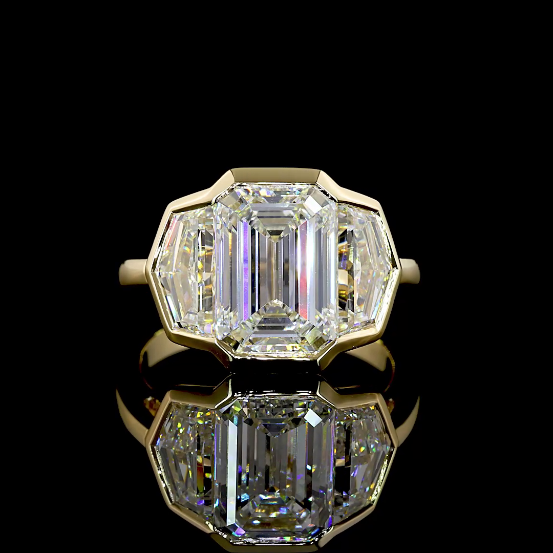 Lab-Grown 6.03 Carat Emerald F-VS1 Diamond 14K Yellow Gold 3 Stones Ring