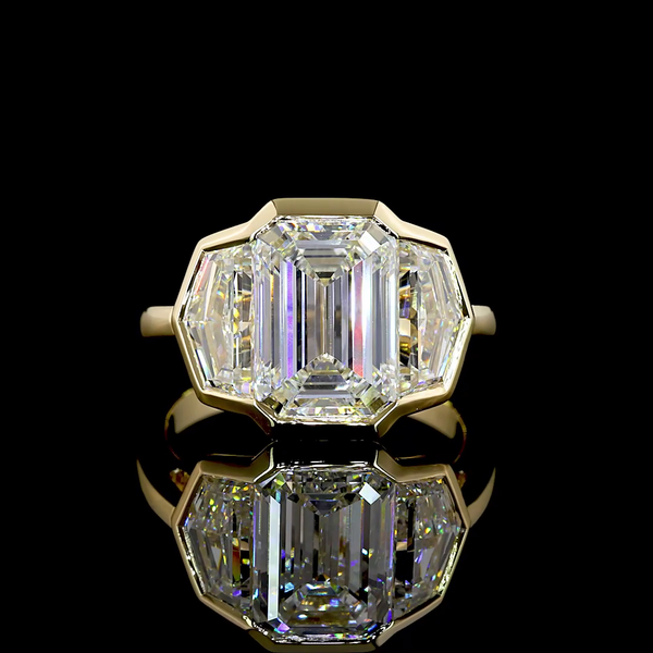 Lab-Grown 6.03 Carat Emerald F-VS1 Diamond 14K Yellow Gold 3 Stones Ring