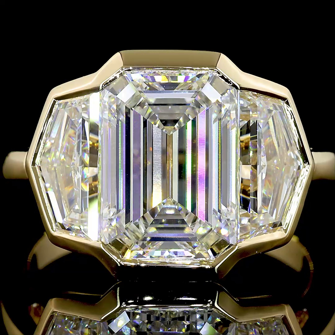 Lab-Grown 6.03 Carat Emerald F-VS1 Diamond 14K Yellow Gold 3 Stones Ring