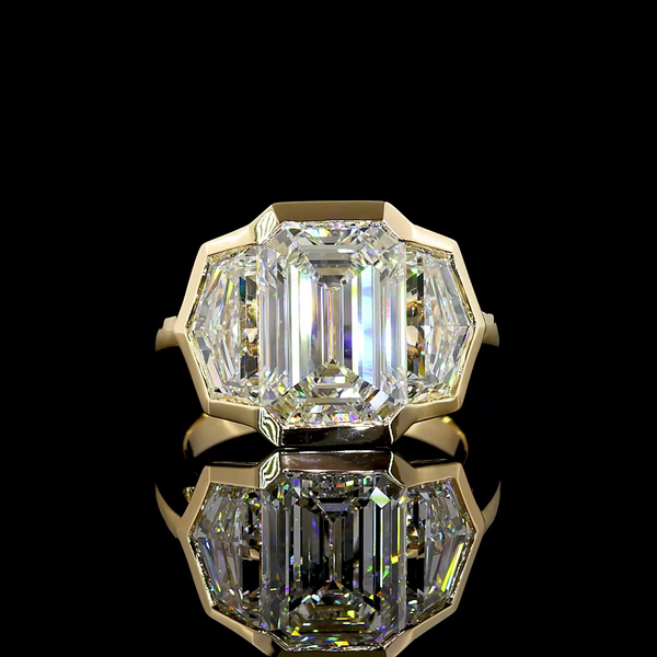 Lab-Grown 7.35 Carat Emerald F-VS1 Diamond 14K Yellow Gold 3 Stones Ring