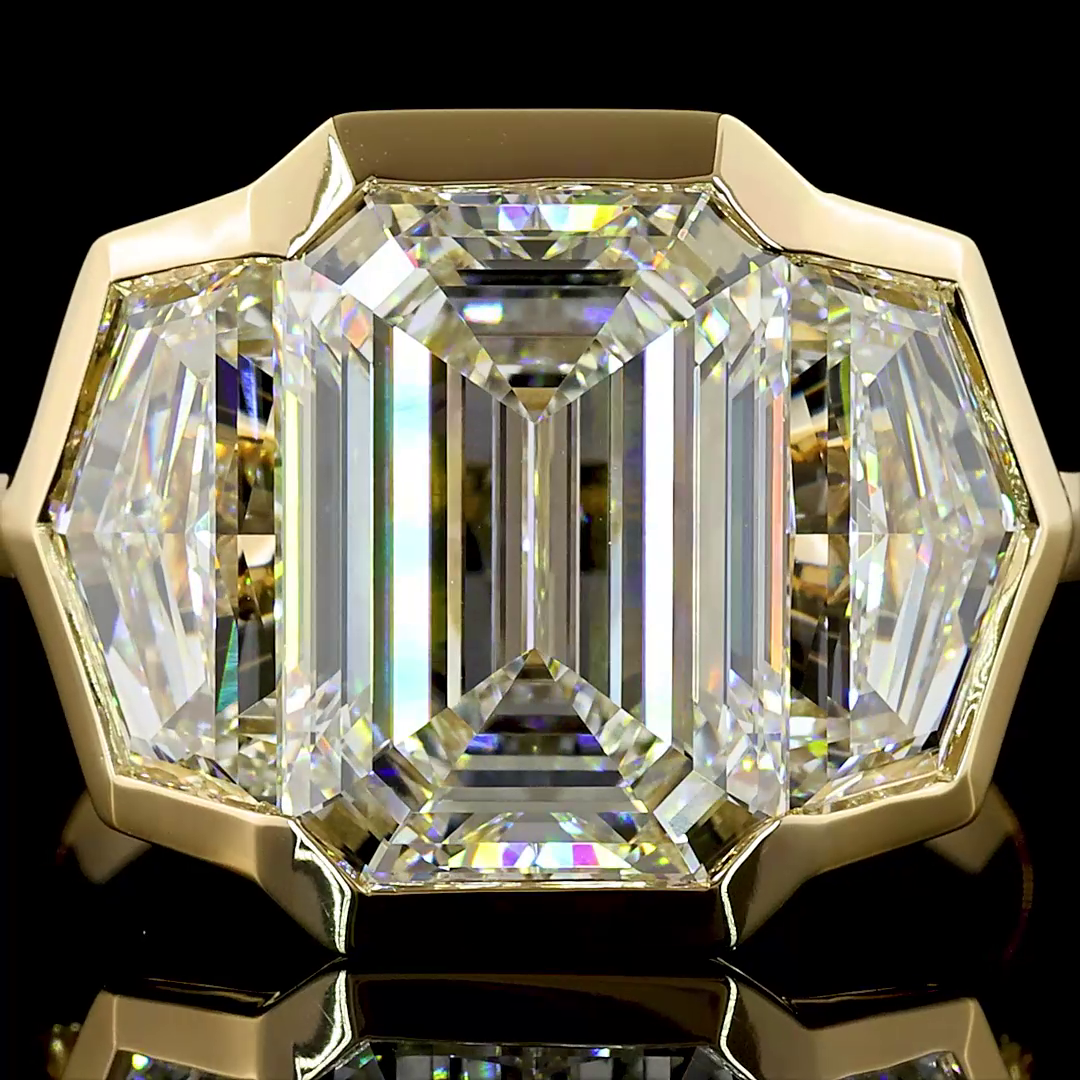 Lab-Grown 7.35 Carat Emerald F-VS1 Diamond 14K Yellow Gold 3 Stones Ring