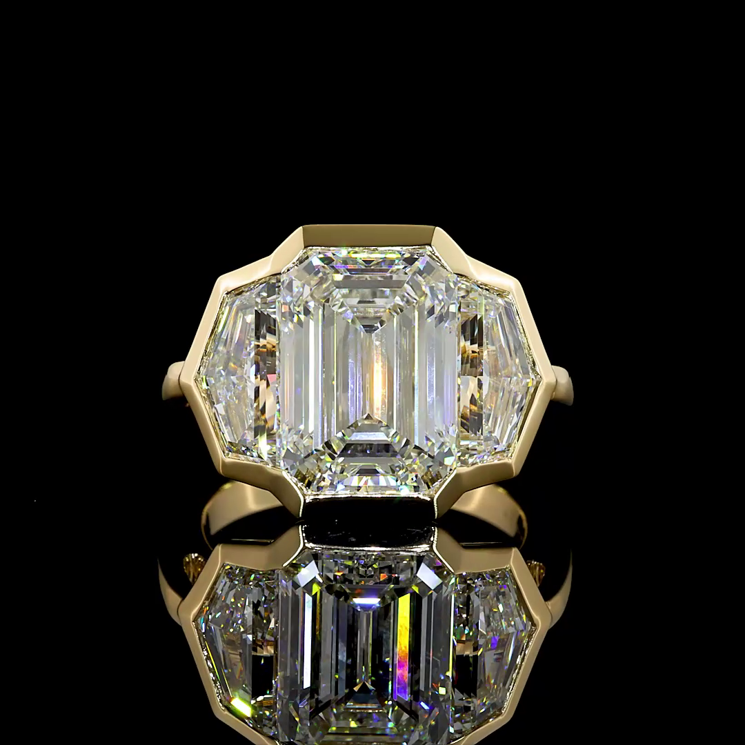 Lab-Grown 8.86 Carat Emerald E-VS1 Diamond 14K Yellow Gold 3 Stones Ring
