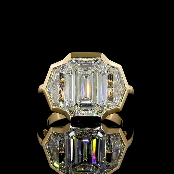 Lab-Grown 8.86 Carat Emerald E-VS1 Diamond 14K Yellow Gold 3 Stones Ring