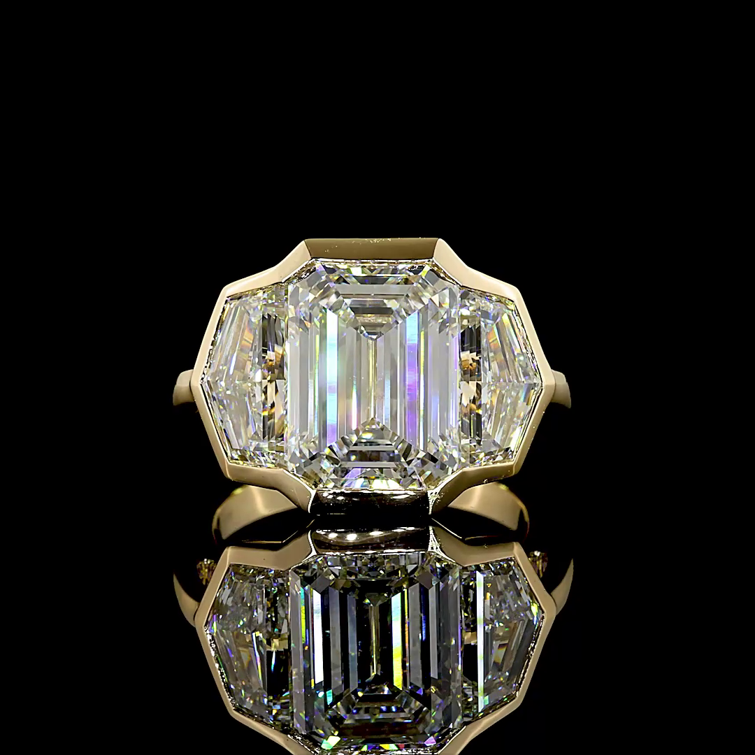 Lab-Grown 8.98 Carat Emerald F-VVS2 Diamond 14K Yellow Gold 3 Stones Ring