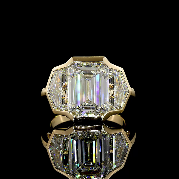 Lab-Grown 8.98 Carat Emerald F-VVS2 Diamond 14K Yellow Gold 3 Stones Ring