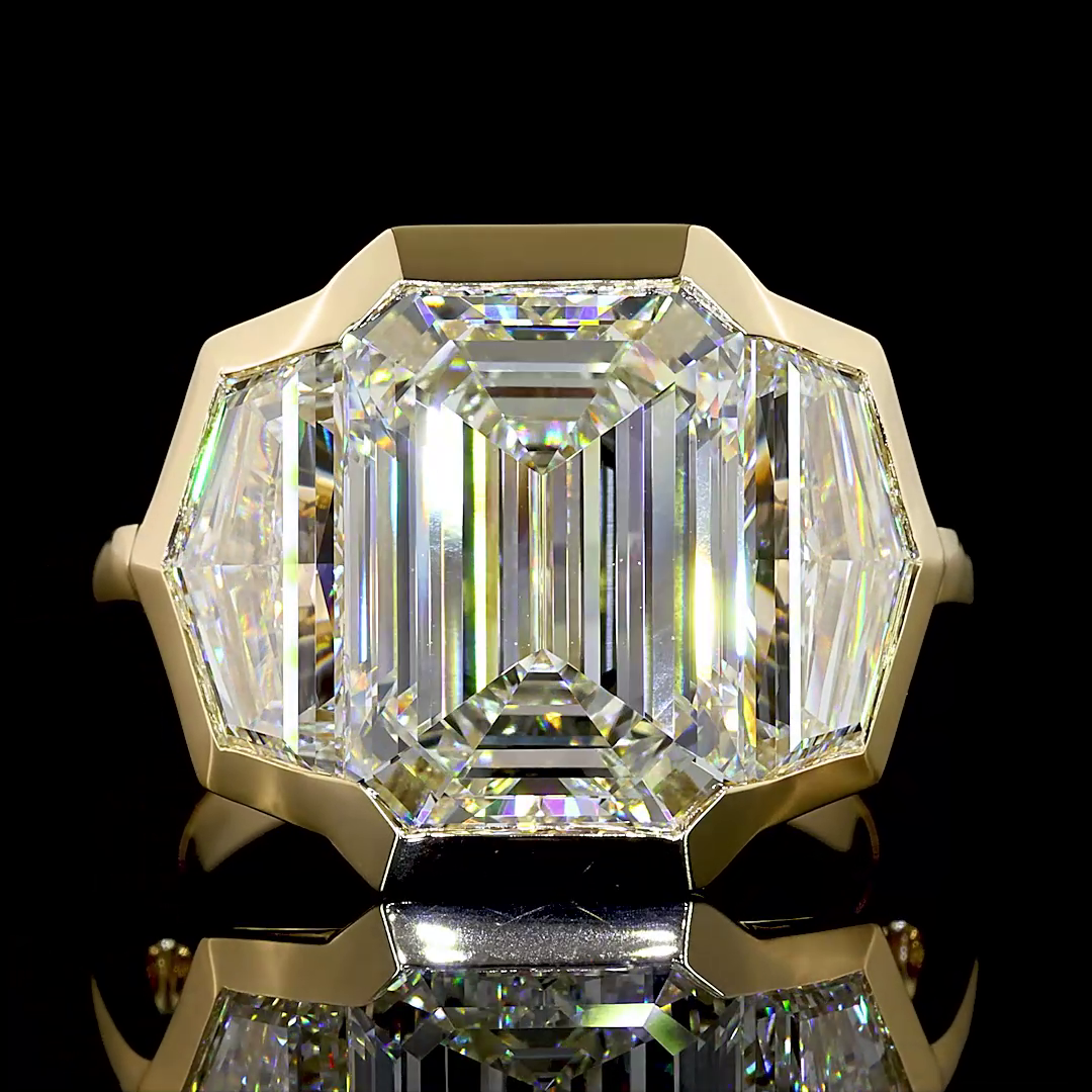 Lab-Grown 10.07 Carat Emerald F-VVS2 Diamond 14K Yellow Gold 3 Stones Ring
