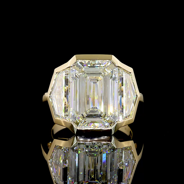 Lab-Grown 11.05 Carat Emerald F-VS1 Diamond 14K Yellow Gold 3 Stones Ring