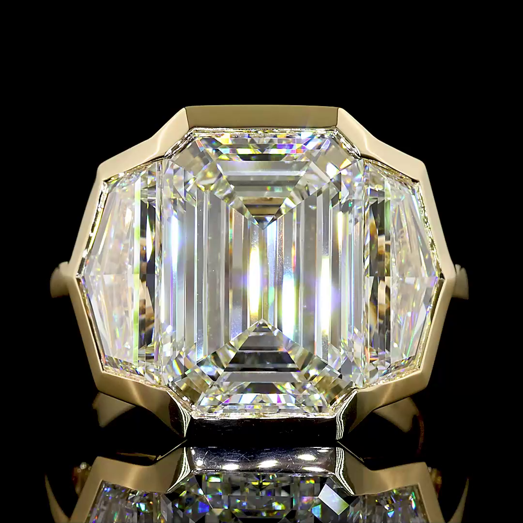 Lab-Grown 11.05 Carat Emerald F-VS1 Diamond 14K Yellow Gold 3 Stones Ring