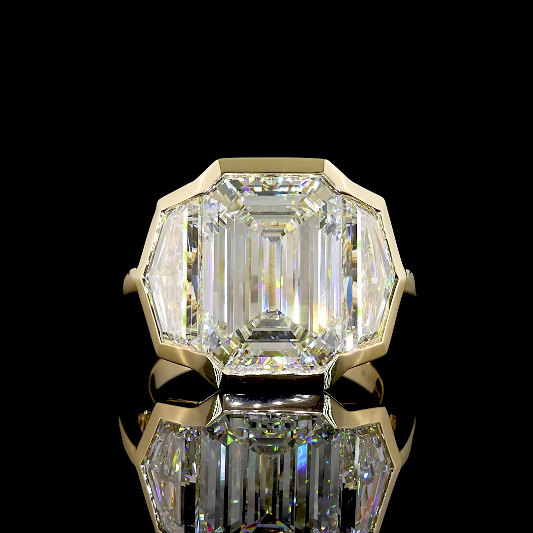 Lab-Grown 10.94 Carat Emerald F-VS1 Diamond 14K Yellow Gold 3 Stones Ring