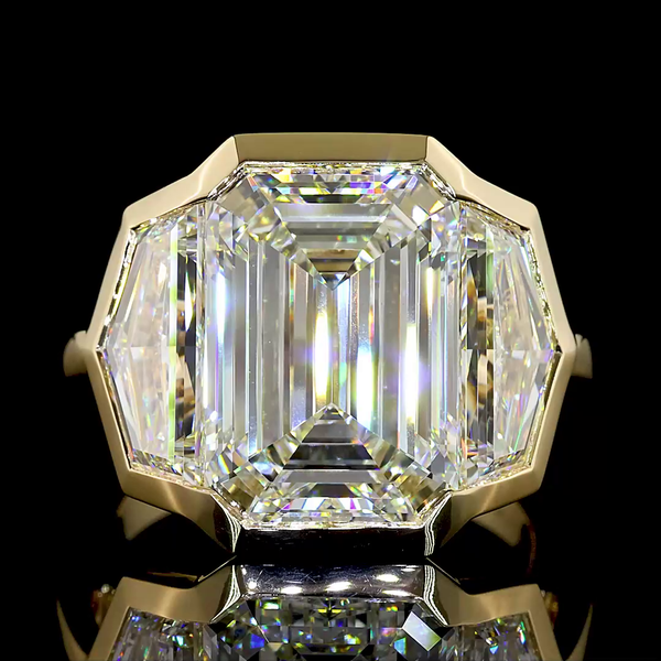 Lab-Grown 12.37 Carat Emerald F-VVS2 Diamond 14K Yellow Gold 3 Stones Ring