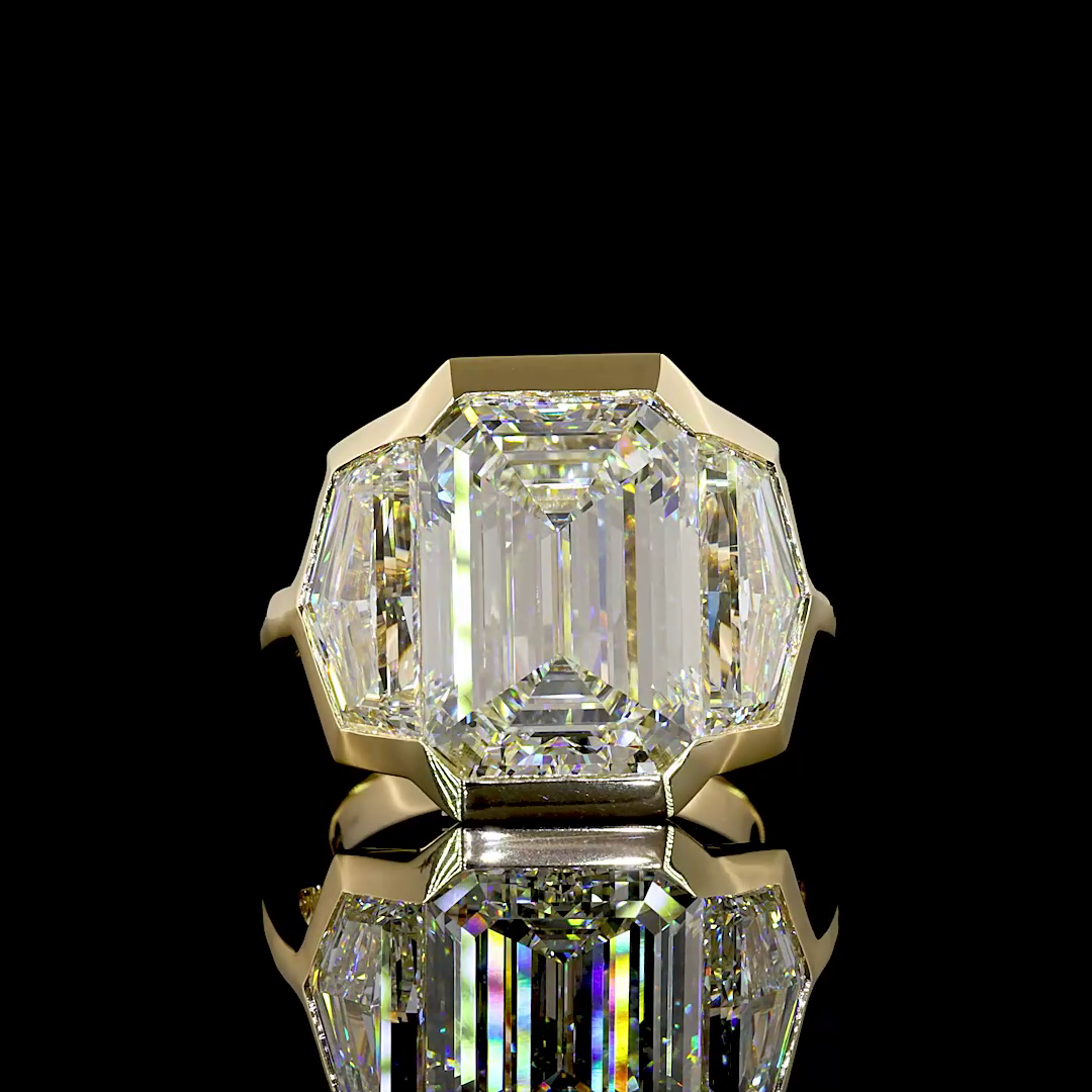 Lab-Grown 13.86 Carat Emerald F-VVS2 Diamond 14K Yellow Gold 3 Stones Ring