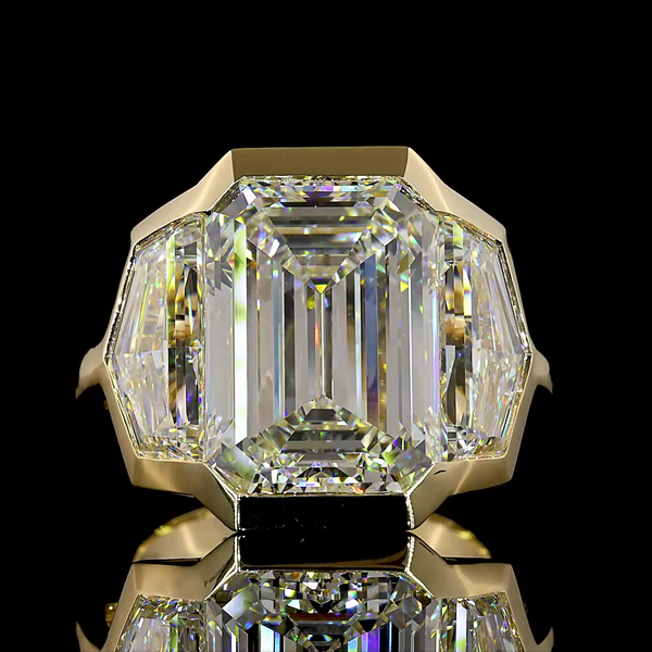Lab-Grown 13.86 Carat Emerald F-VVS2 Diamond 14K Yellow Gold 3 Stones Ring
